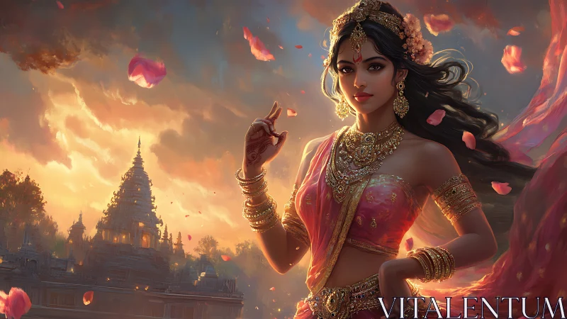 Temple dusk goddess dances in rose-gold monsoon light.