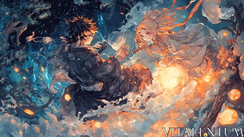 Anime fantasy duel amid luminous clouds and ember orbs.
