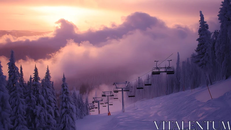 Ski lift chairs hang over snowy slope at winter sunset