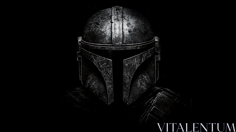 Weathered beskar combat helmet in high-contrast darkness.