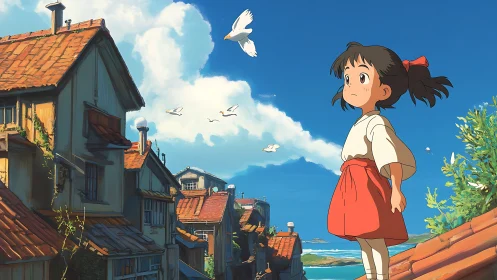 Anime girl surveys tiled rooftops under volumetric summer clouds