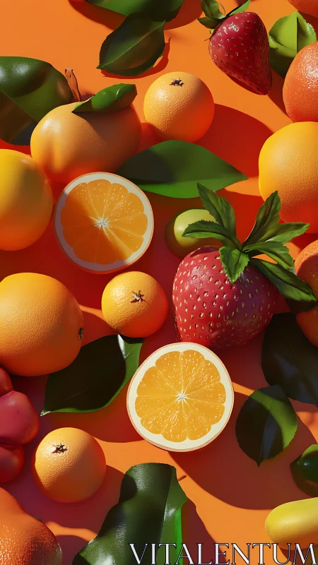 Hyperreal citrus and berries under sharp studio lighting.