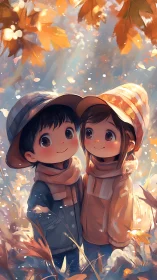 Cute cartoon kids in warm coats under autumn leaves.