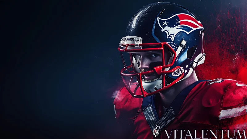 Focused football player in bold red and blue lighting.
