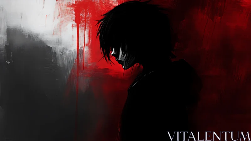 Brooding silhouette boy against bold red and gray hues.