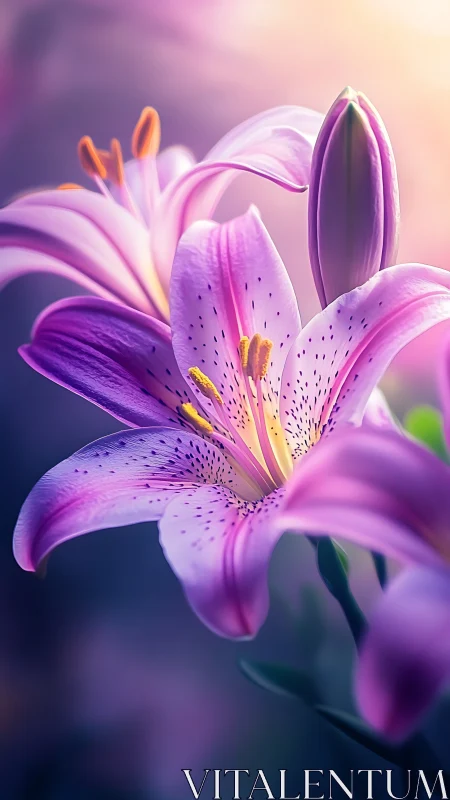 Purple lily blooms with golden stamens in soft bokeh setting.