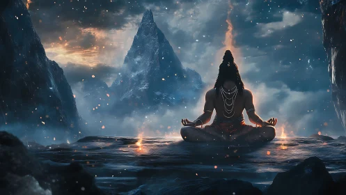 Meditating ascetic ignites cosmic fire beneath stormed peaks.