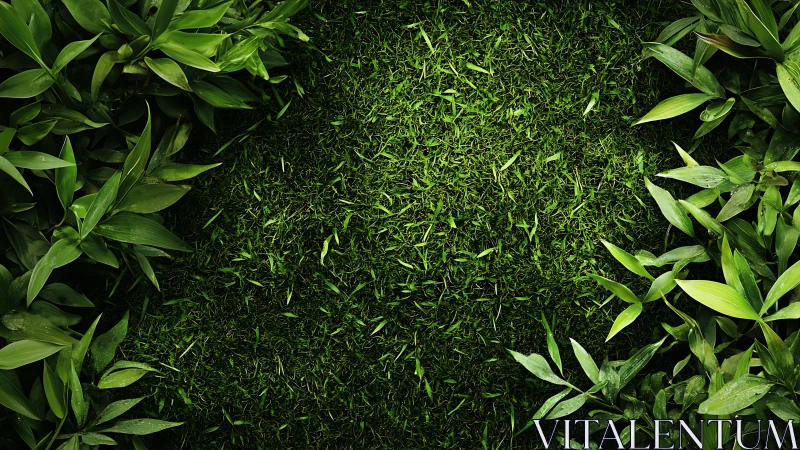 Green grass clearing framed by dense leafy foliage edges