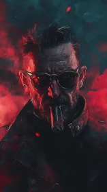 Bicolored cyber-noir portrait with weaponized cigar silhouette.