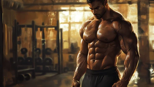 Digitally rendered bodybuilder in warm gymnasium chiaroscuro.