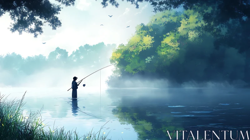 Solitary figure fishing in misty river under soft morning light.