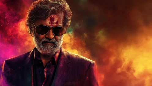 Older man in sunglasses stands before diffuse colored smoke