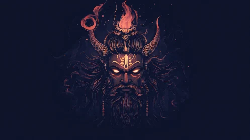 Mythic horned deity portrait with flaming crown and glowing eyes