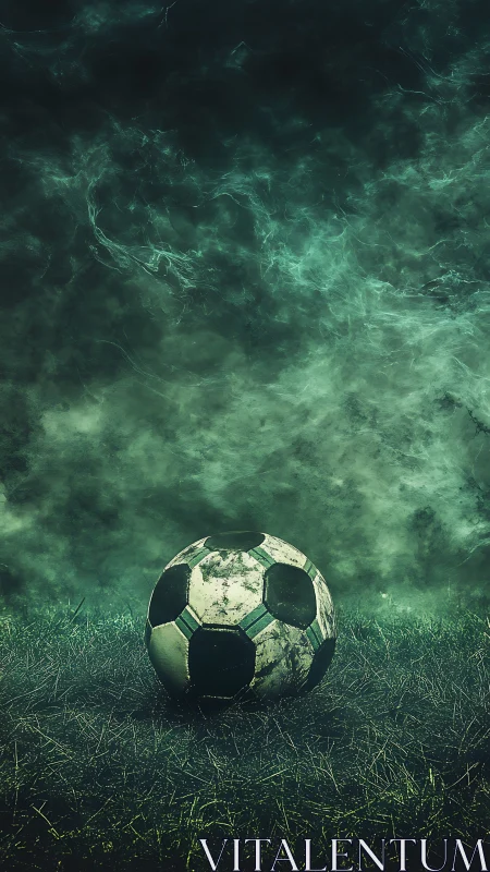 Digital painting of worn soccer ball on misty green pitch.