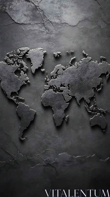 Textured metal world map on dark stone wall.