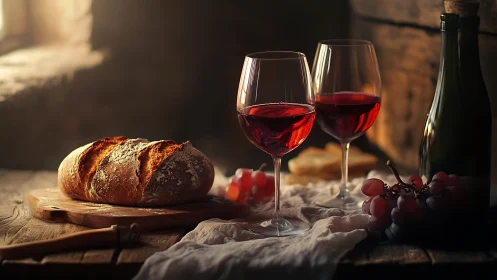 Rustic still life with red wine, loaf of bread, and grapes.