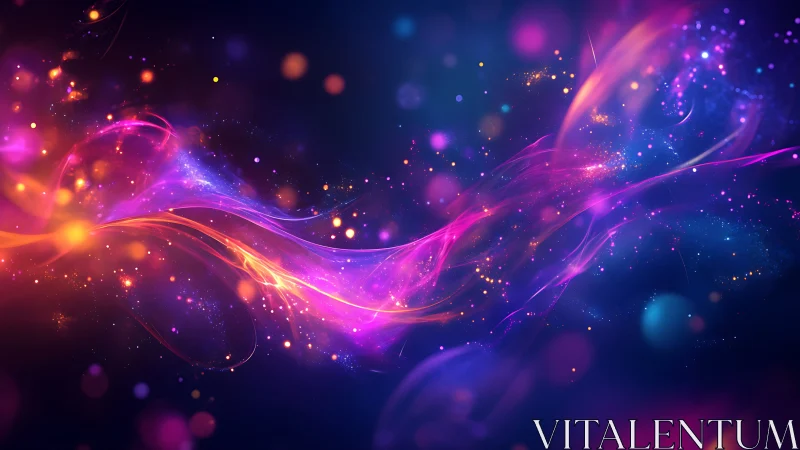 Vibrant neon light trails flow through a cosmic night backdrop