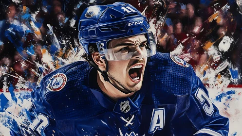 Hockey player in blue jersey shouting on ice surface.