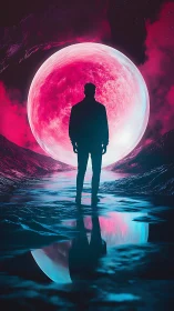 Lone dreamer confronting a neon lunar gate of reflection.