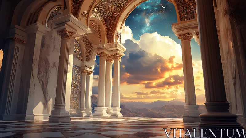 Celestial colonnade overlooking stratified nebular horizon.