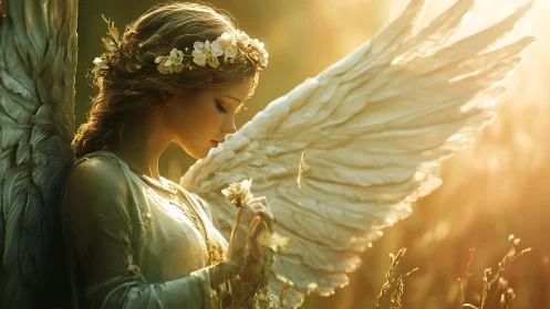 Golden hour angel with white wings holding wildflower.
