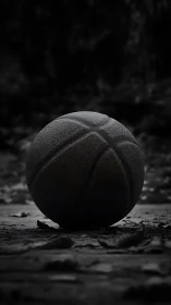 Lone streetball relic resting in moody grayscale silence.