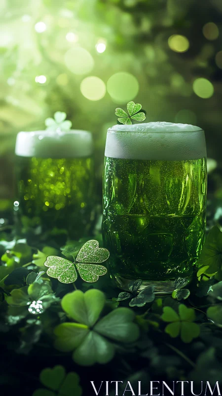 Glowing green beer with lucky shamrocks in a dreamy garden.