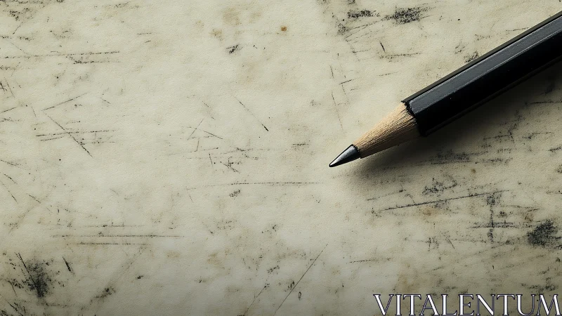 Sharpened black pencil on worn, scratched paper surface.