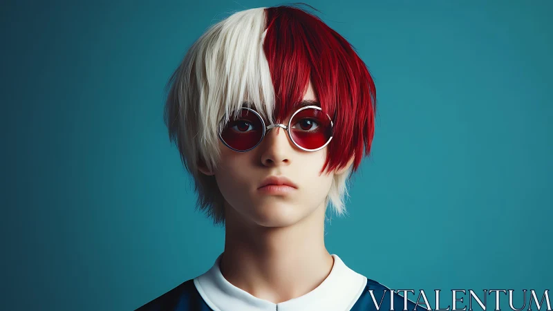 Red and white haired youth in round red sunglasses. Period.