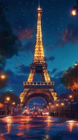 Eiffel Tower stands illuminated over wet Paris street at night