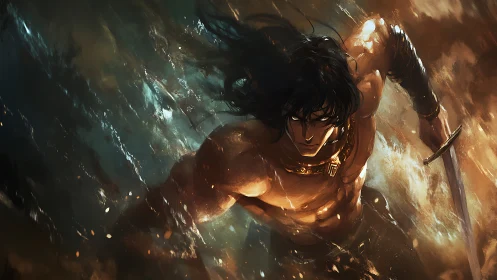 Dynamic warrior in diagonal motion with high-contrast rim lighting