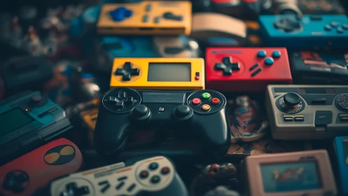 Color-splashed retro game controllers in cozy gamer chaos.