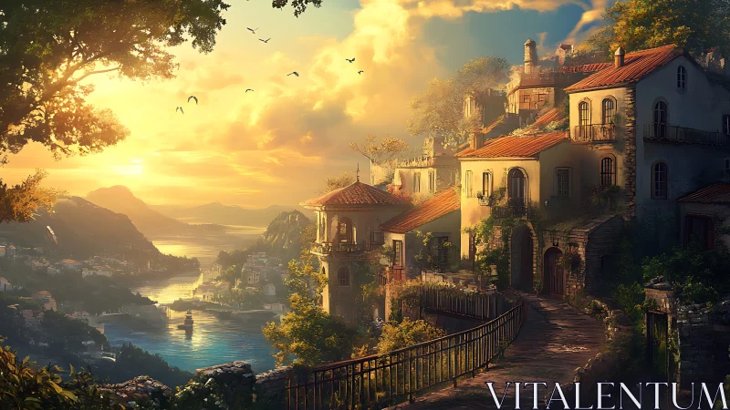 Sunlit hillside village overlooking calm coastal bay at dusk.