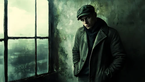 Brooding man in a worn coat by a cold city window.