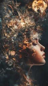 Dreaming clockwork muse in a storm of molten circuits.