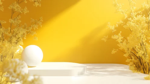 White geometric platform with foliage in yellow environment.