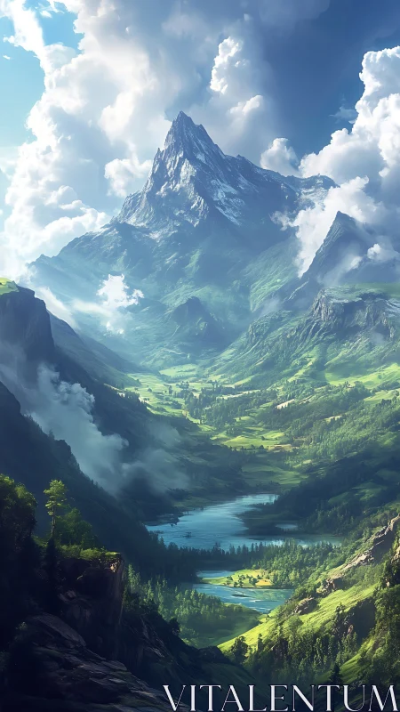 Stratified alpine valley with atmospheric depth rendering precision.