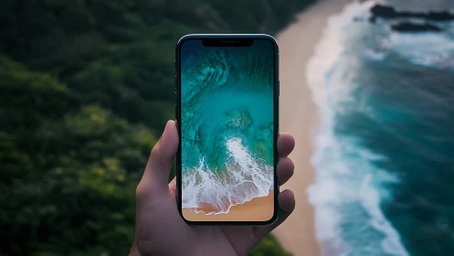 Hand-held smartphone displaying aerial coastal vista and waves
