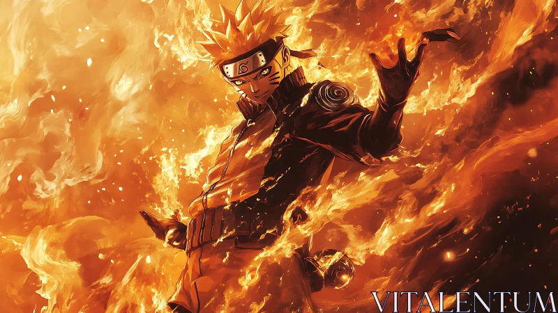 Fiery ninja hero rising through swirling golden flames.