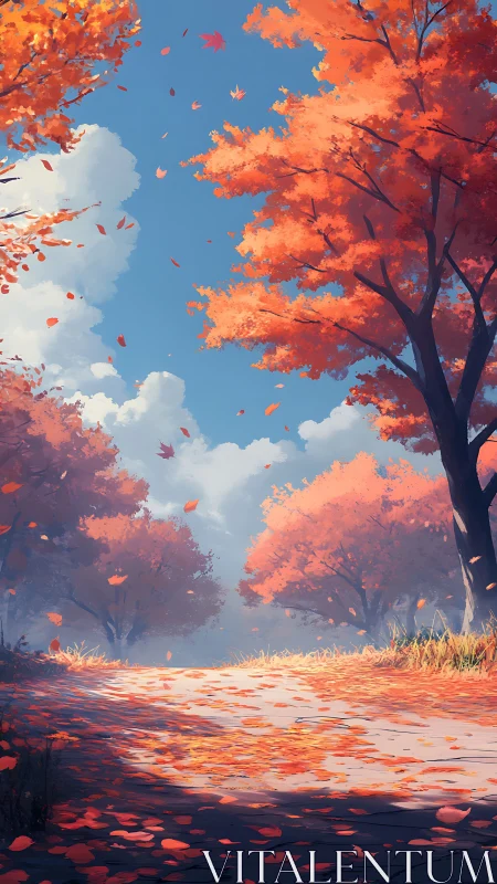 Autumn tree-lined path under clear sky with falling leaves.