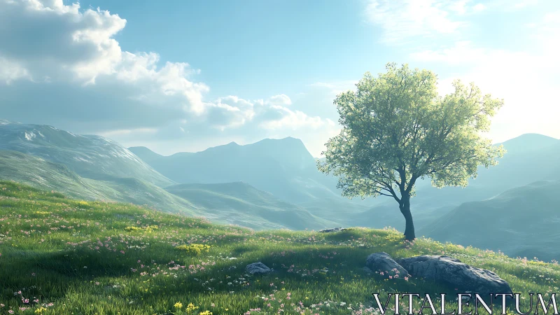 Solitary deciduous tree on sunlit alpine meadow slope.