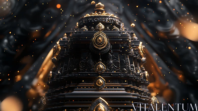 Gilded temple spire rises amid glowing embers and shadowed depths.