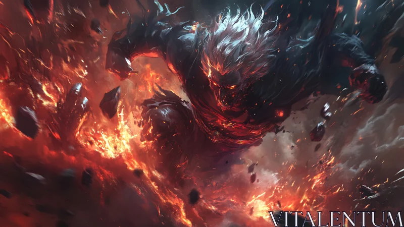 Fierce fireborn warrior charging through molten chaos.