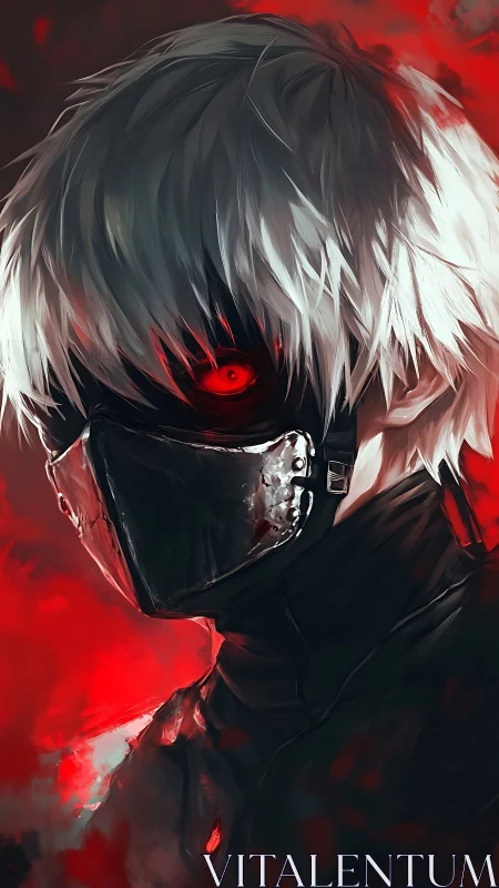 Masked white haired antihero stares through crimson haze