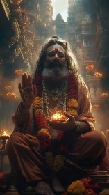 Mystic guru with sacred fire rendered in cinematic digital realism
