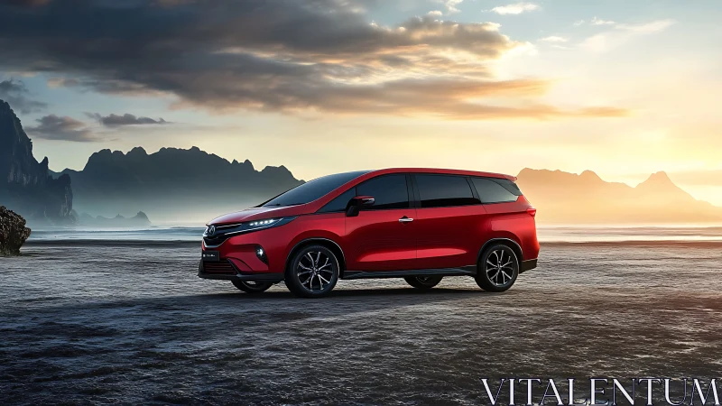 Red minivan parked on coastal plain under overcast sunset.