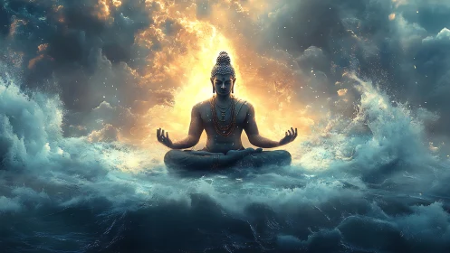 Enlightened Buddha meditates amid stormy cosmic ocean.