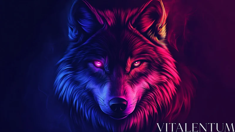 Neon-colored wolf portrait in dual blue and magenta light.