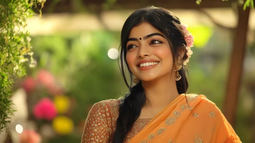 Young woman in saree stands outdoors in controlled soft focus