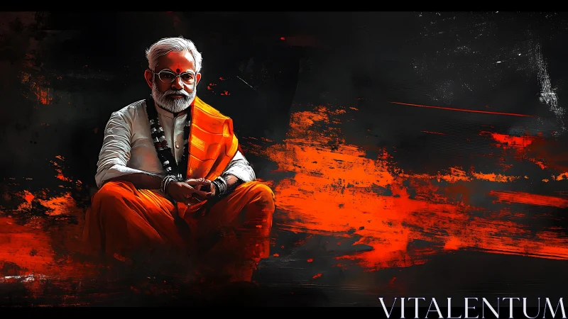 Elderly man in orange robes sits against abstract red blaze